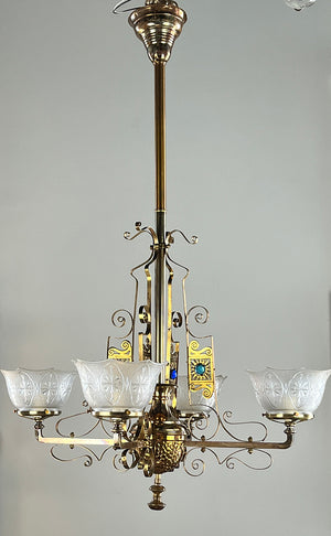 Stunning Antique 1880s Eastlake Multicoloured Jeweled Bronze Four Light Chandelier with Original Finish and Antique Scalloped Pressed Glass Shades