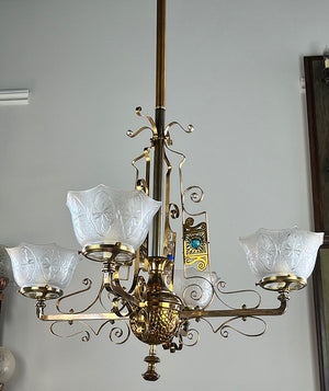 Stunning Antique 1880s Eastlake Multicoloured Jeweled Bronze Four Light Chandelier with Original Finish and Antique Scalloped Pressed Glass Shades