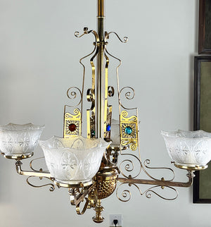Stunning Antique 1880s Eastlake Multicoloured Jeweled Bronze Four Light Chandelier with Original Finish and Antique Scalloped Pressed Glass Shades