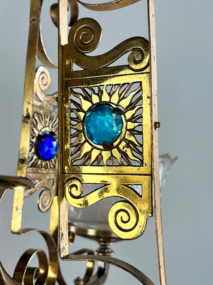 Stunning Antique 1880s Eastlake Multicoloured Jeweled Bronze Four Light Chandelier with Original Finish and Antique Scalloped Pressed Glass Shades