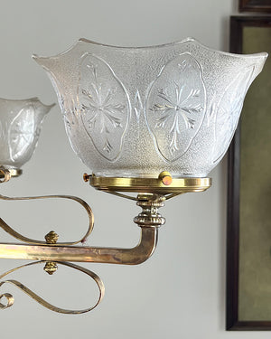 Stunning Antique 1880s Eastlake Multicoloured Jeweled Bronze Four Light Chandelier with Original Finish and Antique Scalloped Pressed Glass Shades