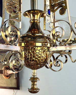 Stunning Antique 1880s Eastlake Multicoloured Jeweled Bronze Four Light Chandelier with Original Finish and Antique Scalloped Pressed Glass Shades