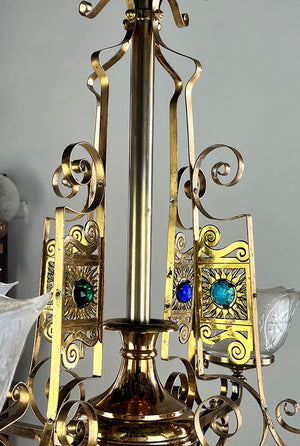 Stunning Antique 1880s Eastlake Multicoloured Jeweled Bronze Four Light Chandelier with Original Finish and Antique Scalloped Pressed Glass Shades