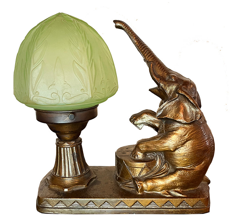 Anitque Circa 1930 Art Deco Elephant Radio Lamp with Copper Flash FInish and Original Uranium Glass Shade