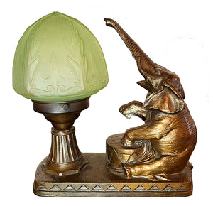 Anitque Circa 1930 Art Deco Elephant Radio Lamp with Copper Flash FInish and Original Uranium Glass Shade