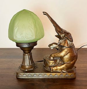 Anitque Circa 1930 Art Deco Elephant Radio Lamp with Copper Flash FInish and Original Uranium Glass Shade