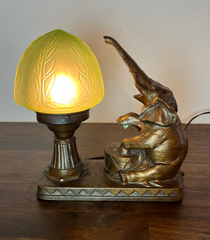 Anitque Circa 1930 Art Deco Elephant Radio Lamp with Copper Flash FInish and Original Uranium Glass Shade