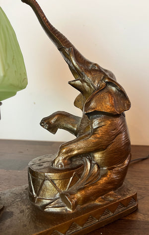 Anitque Circa 1930 Art Deco Elephant Radio Lamp with Copper Flash FInish and Original Uranium Glass Shade