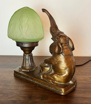 Anitque Circa 1930 Art Deco Elephant Radio Lamp with Copper Flash FInish and Original Uranium Glass Shade