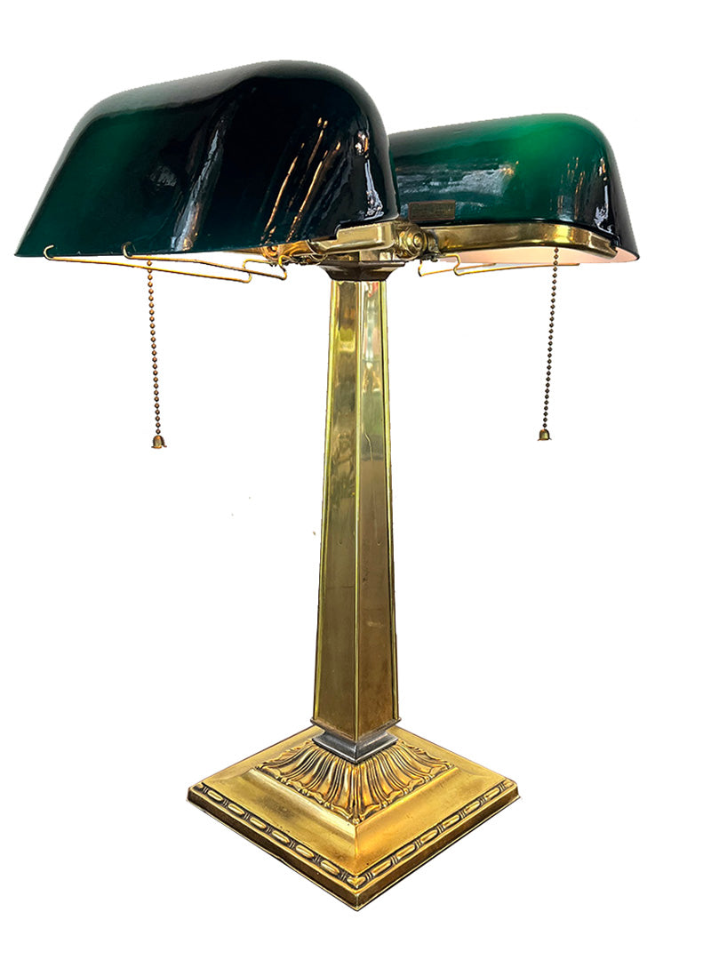 Anitque Circa 1910 Signed Emeralite Double Head Partners Desk Table Lamp