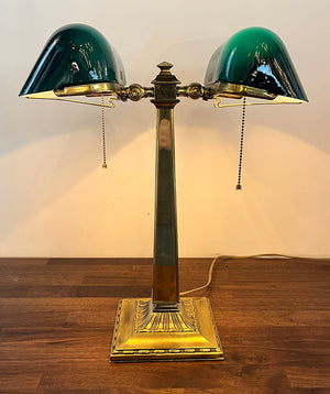Anitque Circa 1910 Signed Emeralite Double Head Partners Desk Table Lamp
