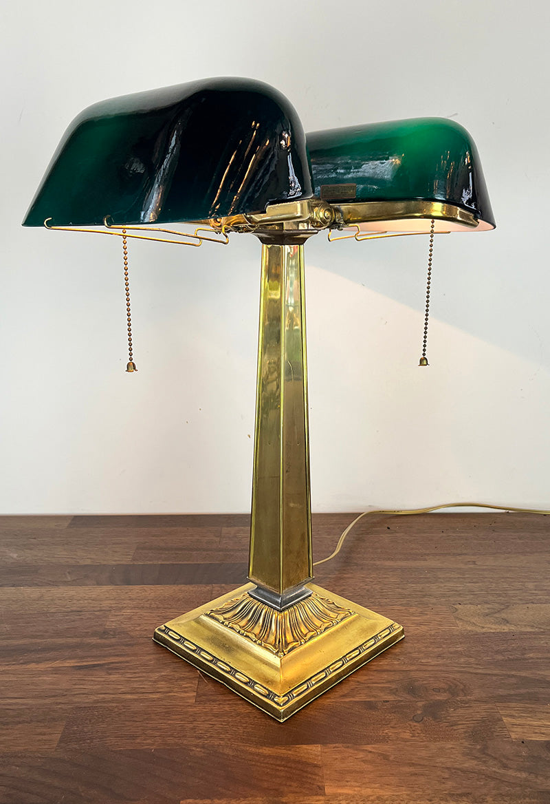 Anitque Circa 1910 Signed Emeralite Double Head Partners Desk