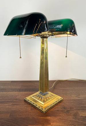 Anitque Circa 1910 Signed Emeralite Double Head Partners Desk Table Lamp