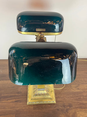 Anitque Circa 1910 Signed Emeralite Double Head Partners Desk Table Lamp