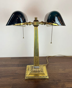 Anitque Circa 1910 Signed Emeralite Double Head Partners Desk Table Lamp