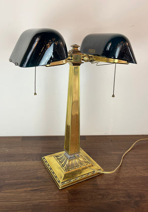 Anitque Circa 1910 Signed Emeralite Double Head Partners Desk Table Lamp