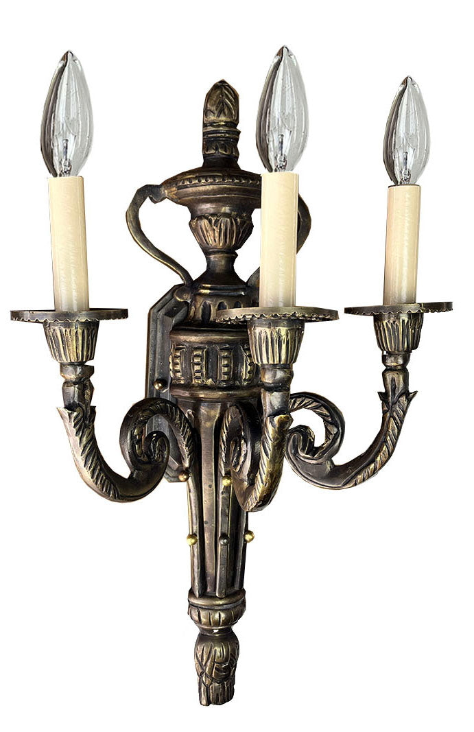 Grand Circa 1930 Cast Broze European Empire Three Light Candelabra Wall Sconce