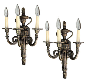 $1400 PAIR - Grand Pair of Circa 1930 Cast Broze European Empire Three Light Candelabra Wall Sconces