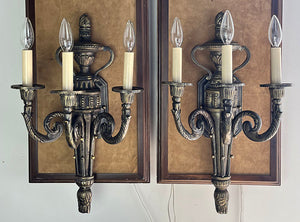 $1400 PAIR - Grand Pair of Circa 1930 Cast Broze European Empire Three Light Candelabra Wall Sconces