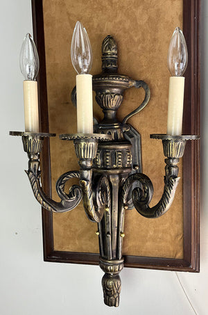 $1400 PAIR - Grand Pair of Circa 1930 Cast Broze European Empire Three Light Candelabra Wall Sconces