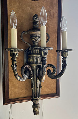 $1400 PAIR - Grand Pair of Circa 1930 Cast Broze European Empire Three Light Candelabra Wall Sconces