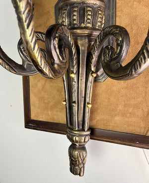 $1400 PAIR - Grand Pair of Circa 1930 Cast Broze European Empire Three Light Candelabra Wall Sconces