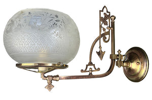 Antique Single Light Circa 1880 Eastlake Converted Gas Wall Sconce with Original Copper Plated Finish and Antique 5" Acid Etched Shade