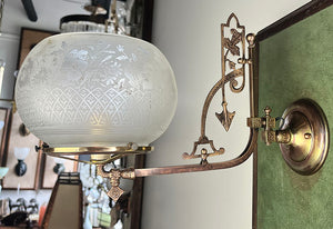 Antique Single Light Circa 1880 Eastlake Converted Gas Wall Sconce with Original Copper Plated Finish and Antique 5" Acid Etched Shade