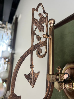 Antique Single Light Circa 1880 Eastlake Converted Gas Wall Sconce with Original Copper Plated Finish and Antique 5" Acid Etched Shade