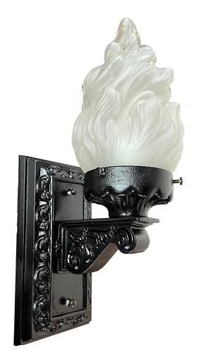 Antique Circa 1920 Cast Iron Exterior Light with Original Flame Shade