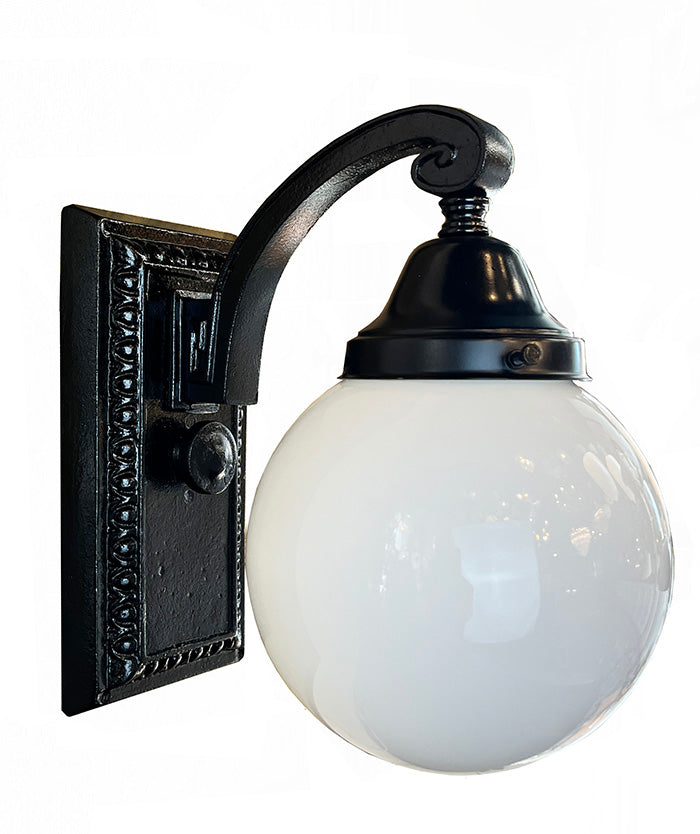 Antique Circa 1920 Cast Iron Rectangular Back Wall Sconce with Egg and Dart Motif and Opal Ball Shade