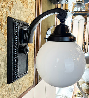 Antique Circa 1920 Cast Iron Rectangular Back Wall Sconce with Egg and Dart Motif and Opal Ball Shade