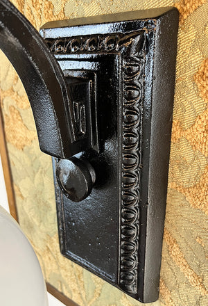 Antique Circa 1920 Cast Iron Rectangular Back Wall Sconce with Egg and Dart Motif and Opal Ball Shade
