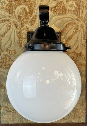 Antique Circa 1920 Cast Iron Rectangular Back Wall Sconce with Egg and Dart Motif and Opal Ball Shade