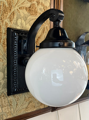 Antique Circa 1920 Cast Iron Rectangular Back Wall Sconce with Egg and Dart Motif and Opal Ball Shade
