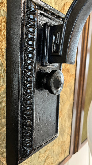 Antique Circa 1920 Cast Iron Rectangular Back Wall Sconce with Egg and Dart Motif and Opal Ball Shade