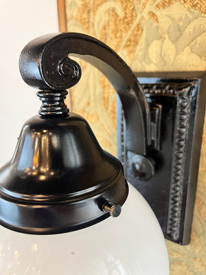 Antique Circa 1920 Cast Iron Rectangular Back Wall Sconce with Egg and Dart Motif and Opal Ball Shade