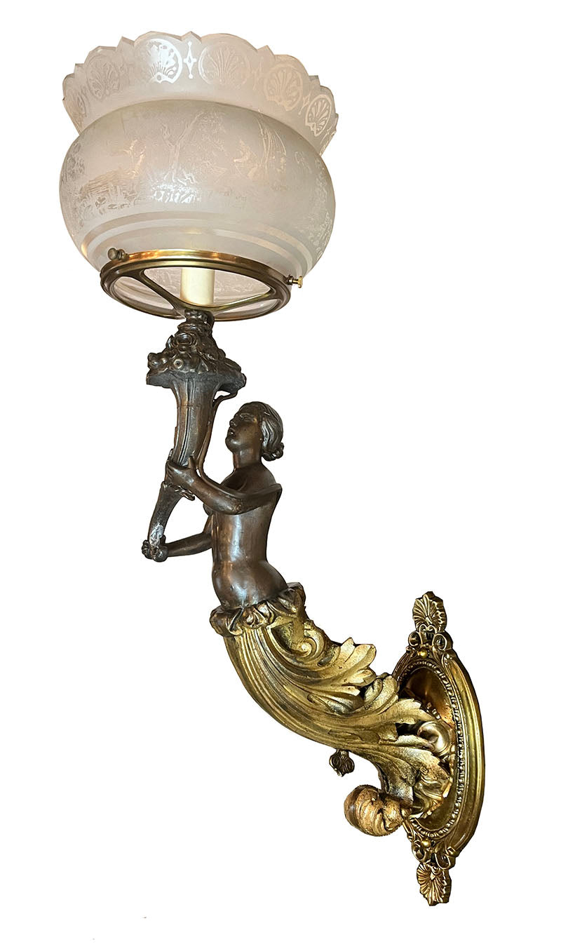 Incredible 1850s Converted Gas Figural Maiden Sconce Attributed to Archer, Warner, Miskey & Co.
