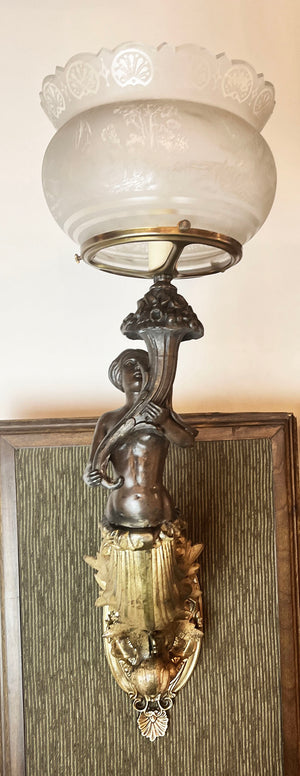 Incredible 1850s Converted Gas Figural Maiden Sconce Attributed to Archer, Warner, Miskey & Co.
