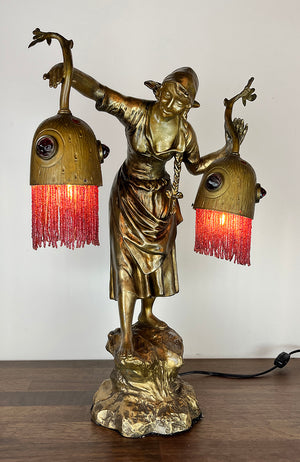Antique Circa 1900s European Early Electric Figural Lamp with Original Jewel and Beaded Shades