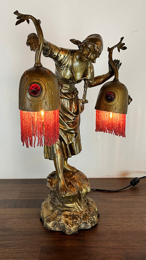 Antique Circa 1900s European Early Electric Figural Lamp with Original Jewel and Beaded Shades