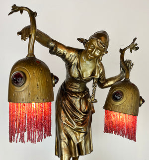 Antique Circa 1900s European Early Electric Figural Lamp with Original Jewel and Beaded Shades