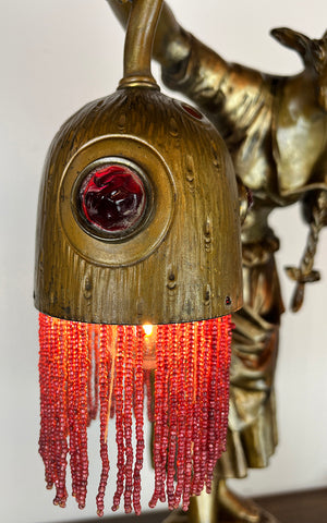 Antique Circa 1900s European Early Electric Figural Lamp with Original Jewel and Beaded Shades