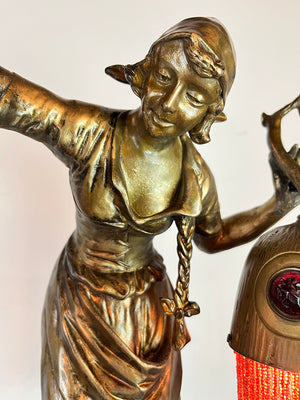 Antique Circa 1900s European Early Electric Figural Lamp with Original Jewel and Beaded Shades