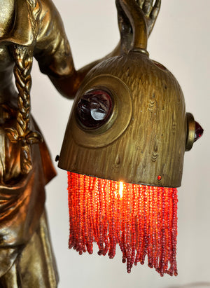 Antique Circa 1900s European Early Electric Figural Lamp with Original Jewel and Beaded Shades