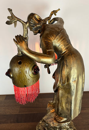 Antique Circa 1900s European Early Electric Figural Lamp with Original Jewel and Beaded Shades