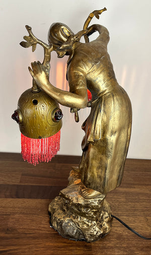 Antique Circa 1900s European Early Electric Figural Lamp with Original Jewel and Beaded Shades