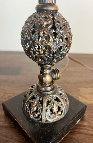 Antique Late 1880s early 1900s Converted Gas Portable Lamp with Original Japanned Copper FInish and Acid Etched Floral Shade