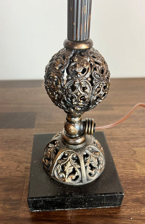 Antique Late 1880s early 1900s Converted Gas Portable Lamp with Original Japanned Copper FInish and Opal Swirl Shade