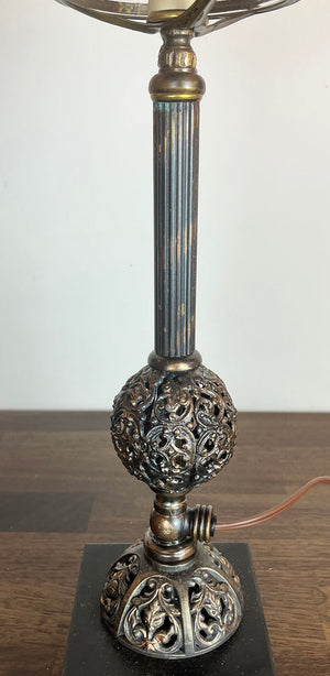 Antique Late 1880s early 1900s Converted Gas Portable Lamp with Original Japanned Copper FInish and Opal Swirl Shade